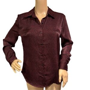 Liverpool Purple Satin Blouse Womens Size XS Black Leopard Print Button Up